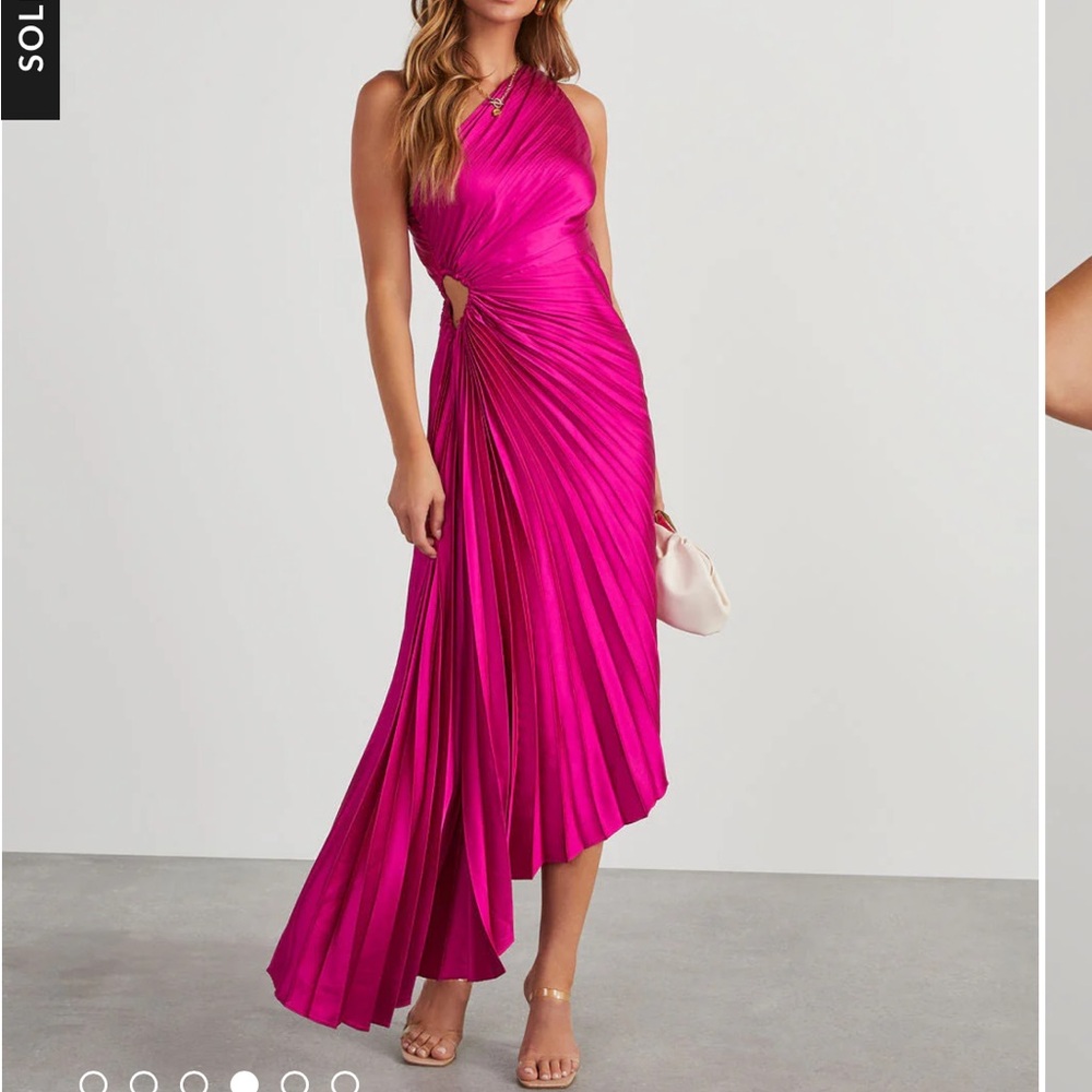 Vici satin pleaded one shoulder, cut out as symmetrical maxi dress
